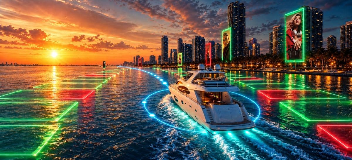 Glowing tokenized advertising zones on the water at sunset